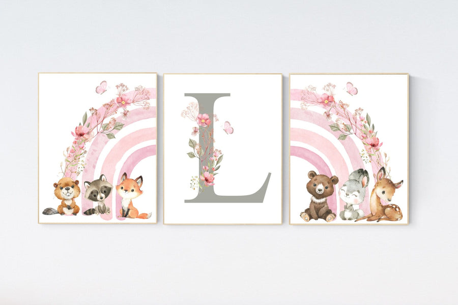 Rainbow nursery, girl nursery, woodland animals, floral nursery, name print, Girl Nursery Decor, rainbow wall art, woodland prints