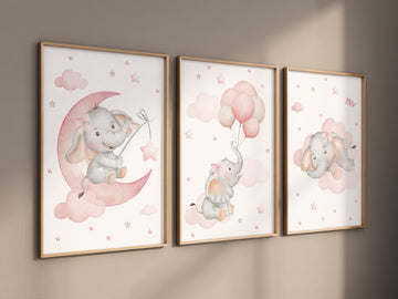 Elephant nursery, pink nursery, Nursery decor girl wall art, elephant prints for nursery, girls room decor, baby girl, moon nursery