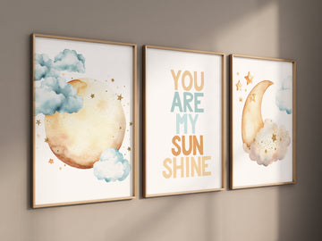 Moon prints for nursery, nursery wall art, gender neutral nursery, blue and yellow, Baby wall decor, nursery prints, you are my sunshine