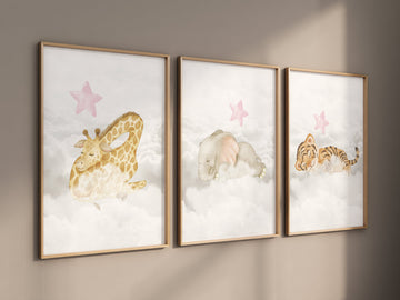 Woodland Animals, Sleeping on Clouds, Woodland Nursery Decor, pink nursery, Animal Nursery wall art, baby girl nursery, girl nursery