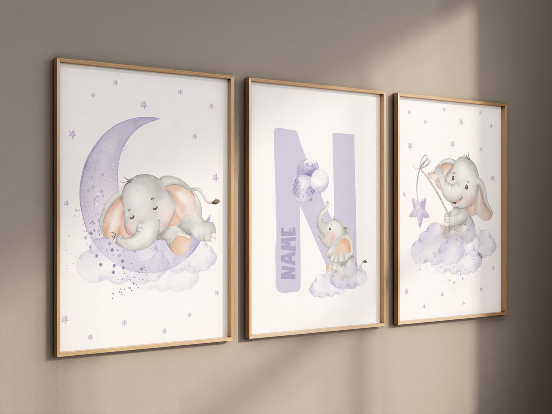 Elephant nursery, purple wall art, nursery decor bear, teddy bear nursery, lilac nursery print, lavender, baby room decor, nursery wall art