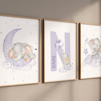 Elephant nursery, purple wall art, nursery decor bear, teddy bear nursery, lilac nursery print, lavender, baby room decor, nursery wall art