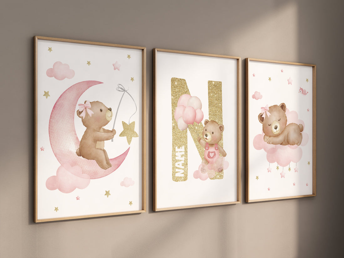 Nursery decor girl wall art, bear nursery print, pink gold nursery art, bear nursery wall art, teddy bear, nursery wall art, pink and gold