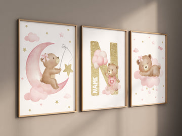 Nursery decor girl wall art, bear nursery print, pink gold nursery art, bear nursery wall art, teddy bear, nursery wall art, pink and gold