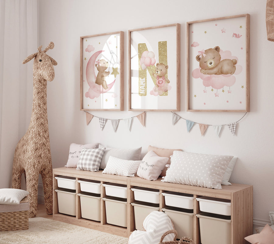 Nursery decor girl wall art, bear nursery print, pink gold nursery art, bear nursery wall art, teddy bear, nursery wall art, pink and gold