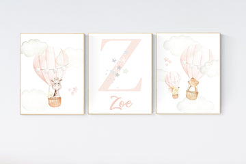 Blush nursery wall art, Nursery decor girl, hot air balloon nursery, blush pink nursery, nursery decor woodland animals, hot air balloon