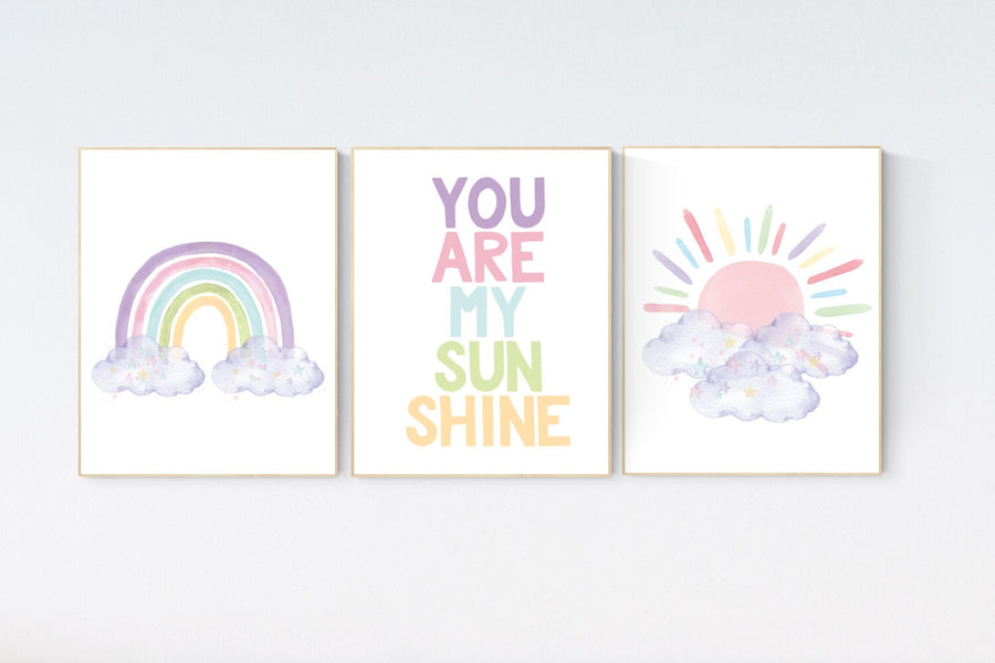 Nursery prints rainbow, girl nursery, pastel nursery, Nursery decor girl, nursery wall art, you are my sunshine, flower nursery, boho prints