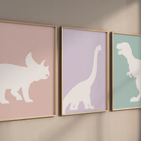 Dinosaur Prints, T-Rex Print, Triceratops Print, Brachiosaurus print, Dinosaur Wall art, girl nursery, pastel colors, pink purple teal