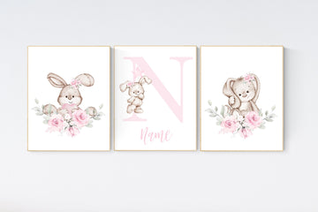 Nursery decor girl flower bunny, nursery wall art bunny, pink nursery decor, bunny print nursery girl, rabbit nursery, rabbit print nursery