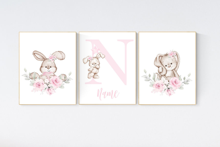Nursery decor girl flower bunny, nursery wall art bunny, pink nursery decor, bunny print nursery girl, rabbit nursery, rabbit print nursery