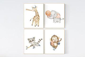 Sports nursery decor, Baby Animals Sport, Baby boy sports nursery, Safari nursery, baseball, football, hockey, basketball, sports animals