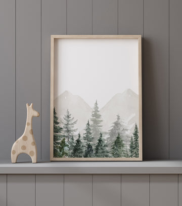 Nursery decor mountain, nursery wall art, tree nursery decor, adventure theme nursery, forest, sage green, beige, woodland animals