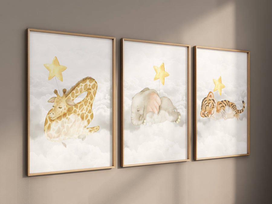 Woodland Animals, Sleeping on Clouds, Woodland Nursery Decor, yellow nursery, Animal Nursery wall art, gender neutral , baby room decor