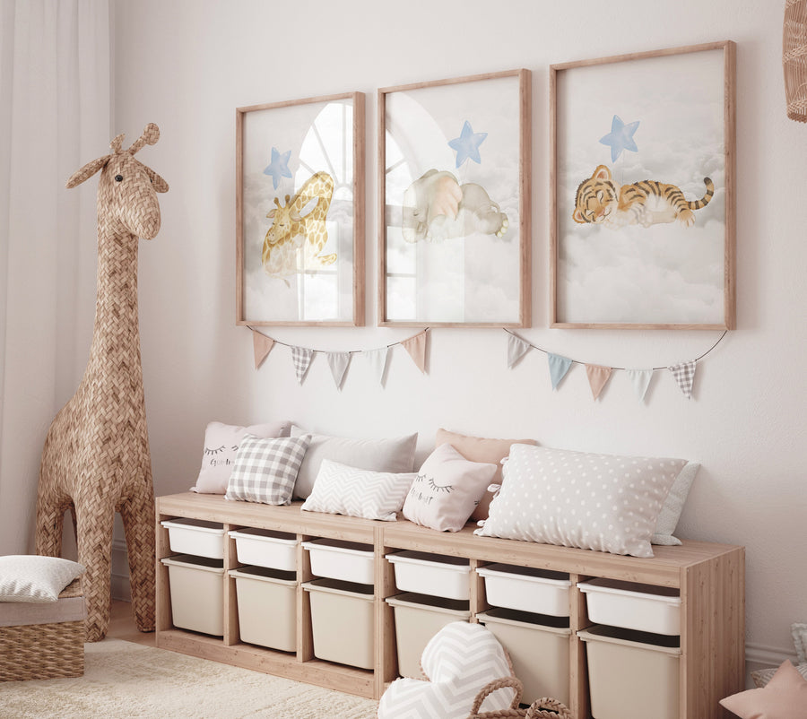 Woodland Animals, Sleeping on Clouds, Woodland Nursery Decor, blue nursery, Animal Nursery wall art, gender neutral , baby boy room decor