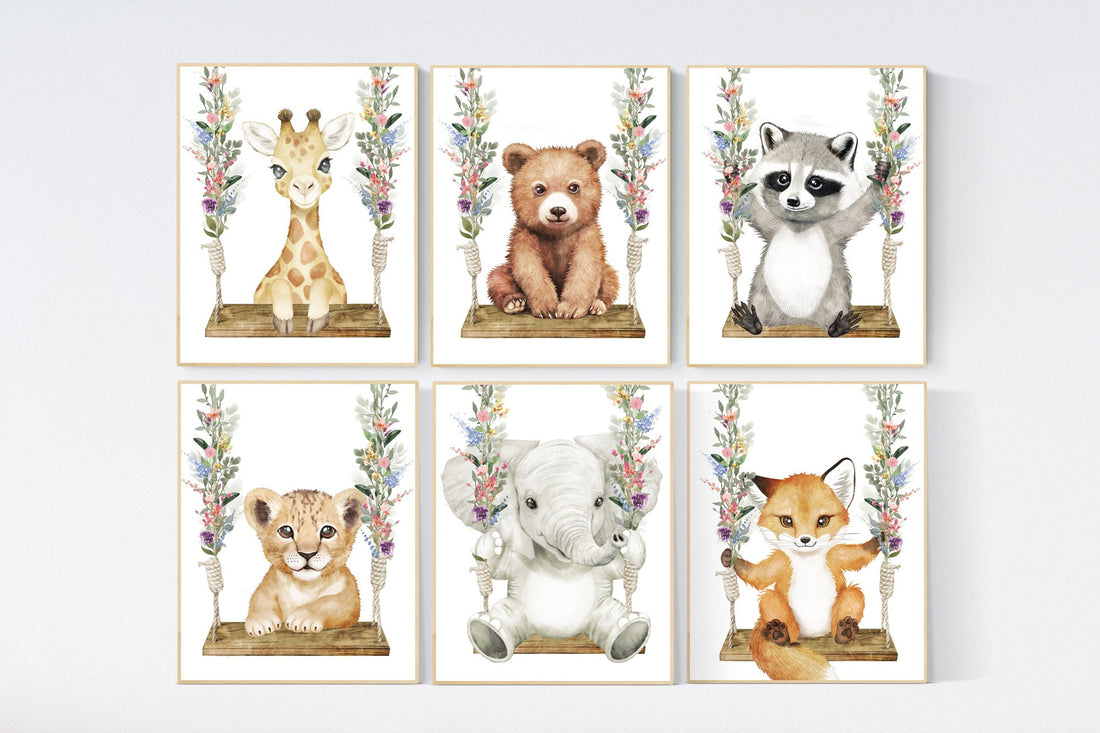 Animal nursery, animal on swing, Jungle Animals, Safari Animal Nursery Prints, safari animals, safari nursery,  spring flowers, girl nursery