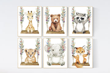Animal nursery, animal on swing, Jungle Animals, Safari Animal Nursery Prints, safari animals, safari nursery,  spring flowers, girl nursery