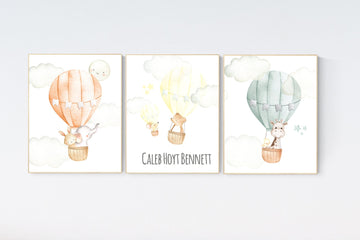 Nursery decor animals, hot air balloon, gender neutral, nursery decor, animal nursery, neutral, unisex, elephant giraffe, bear, nursery art