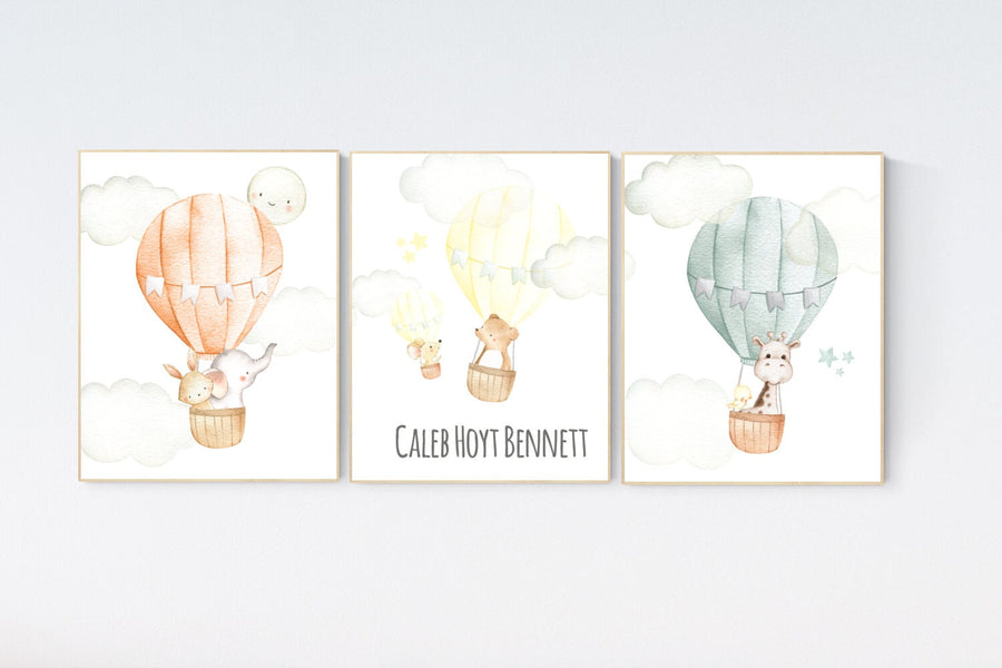 Nursery decor animals, hot air balloon, gender neutral, nursery decor, animal nursery, neutral, unisex, elephant giraffe, bear, nursery art