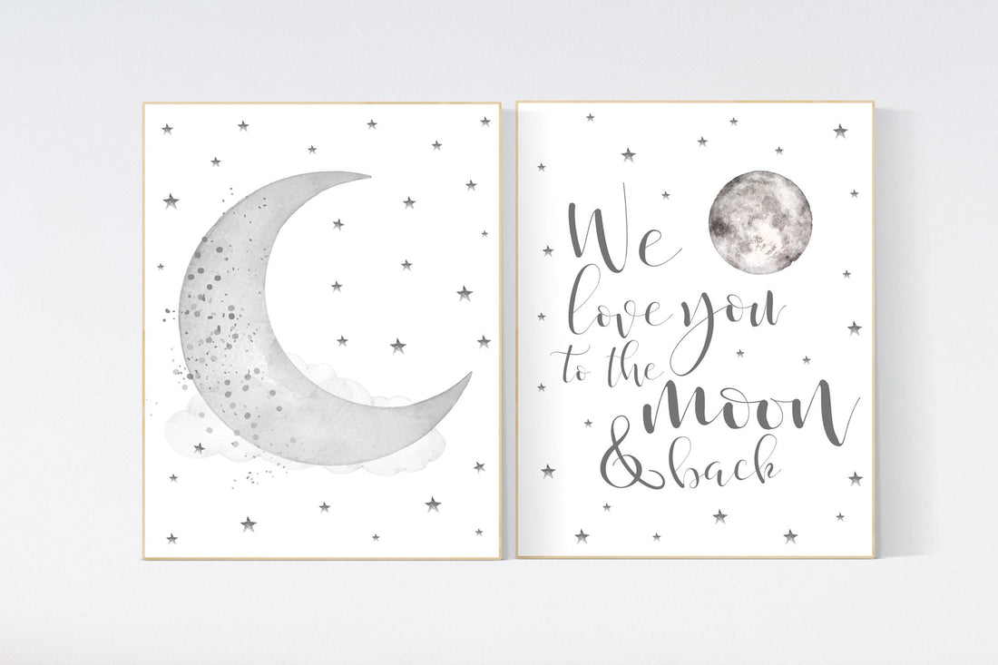 Nursery wall art grey, gray nursery, nursery decor neutral, baby room decor gender neutral, moon and stars, grey nursery decor baby room art