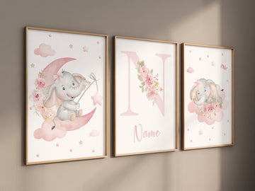 Elephant print, pink nursery, Nursery decor girl wall art, elephant prints for nursery, girls room decor, baby girl, name print, moon print