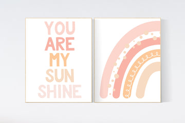 Nursery prints rainbow, boho nursery, blush pink, you are my sunshine, boho prints, girl nursery prints, blush nursery