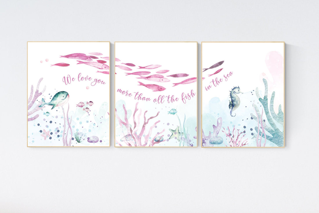 Under the sea wall art, Ocean nursery decor, Nautical nursery print set, under the sea nursery, pink and purple, ocean, girls room decor