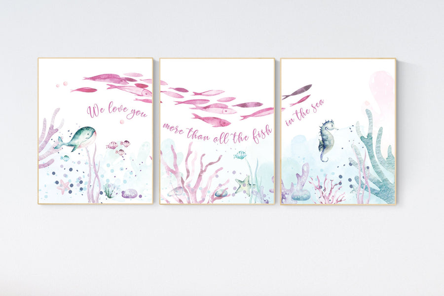 Under the sea wall art, Ocean nursery decor, Nautical nursery print set, under the sea nursery, pink and purple, ocean, girls room decor