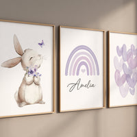 Bunny nursery, heart print, rainbow nursery, Girl bedroom art, name print, girls room decor, purple nursery, lilac nursery, girl nursery