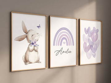 Bunny nursery, heart print, rainbow nursery, Girl bedroom art, name print, girls room decor, purple nursery, lilac nursery, girl nursery