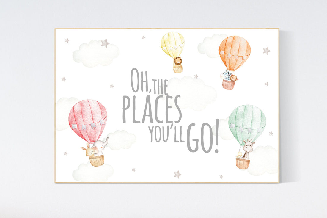 Hot air balloon nursery, gender neutral, safari animals, animal prints for nursery, twin nursery, unisex, oh the places you&
