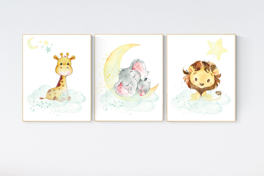 Mint and yellow nursery, nursery wall art neutral, moon and stars nursery, baby room decor, elephant, giraffe, lion, gender neutral prints