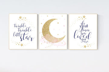 Twinkle twinkle little star, Nursery wall art girl pink gold, baby room decor girl gold and pink, cloud and stars, baby room, moon print