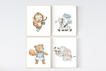 Sports nursery decor, Baby Animals Sport, Baby boy sports nursery, Safari nursery, soccer, football, basketball and golf, sports animals