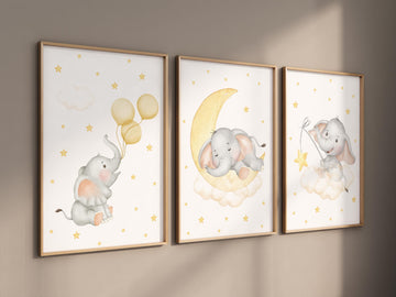 Nursery decor neutral, Yellow nursery, nursery wall art elephant, moon, stars, gender neutral, yellow and gray nursery art, baby room art