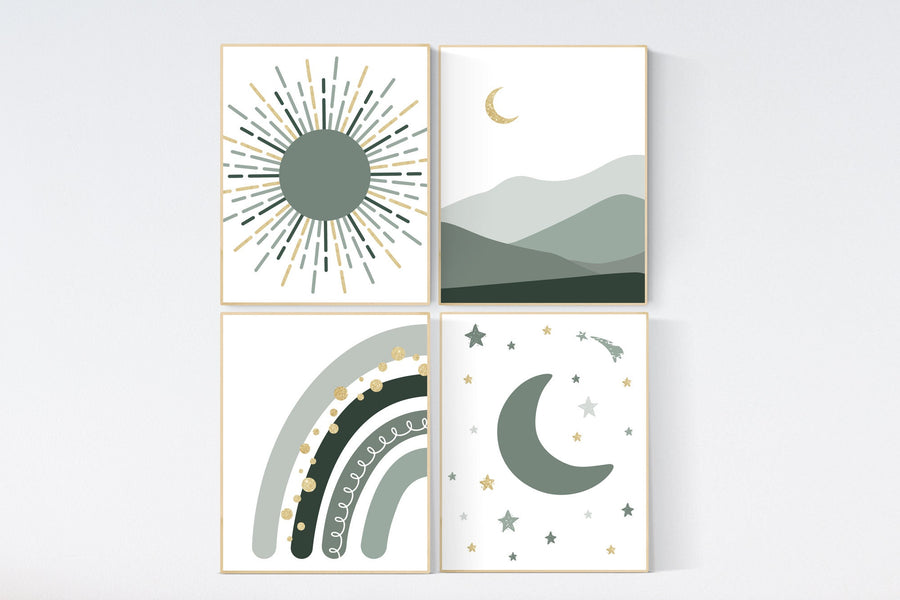 Boho Nursery, rainbow nursery, sage green and gold nursery, Mid Century Print, Nursery decor gender neutral, moon nursery, Abstract Art, sun