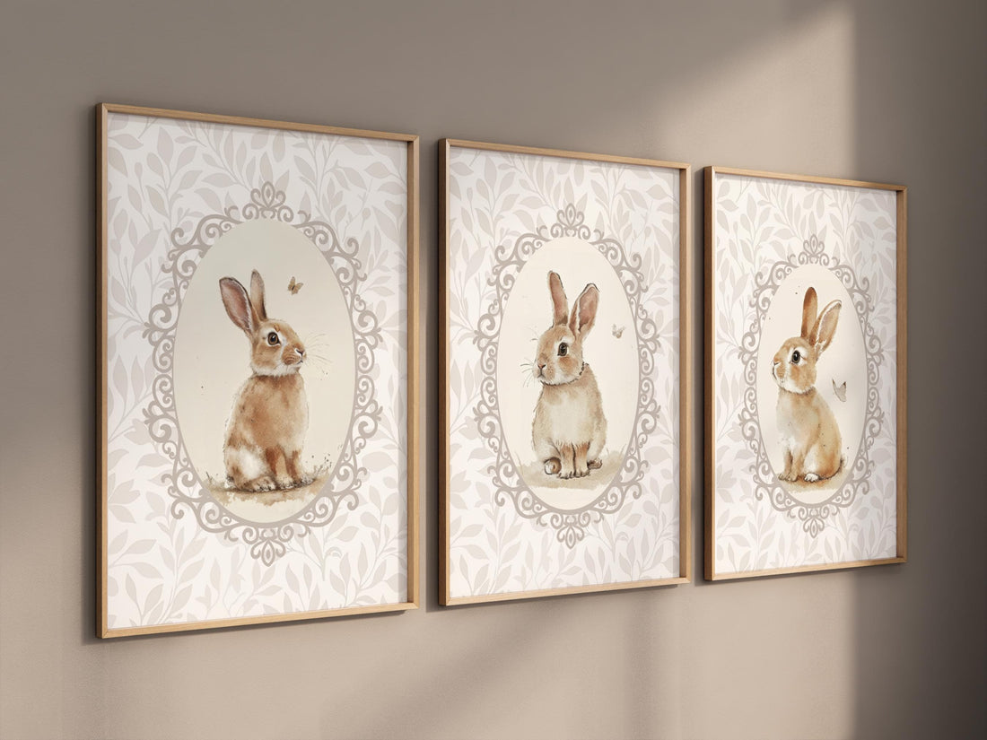 Bunny nursery print set, bunny nursery art, cute bunnies, rabbit nursery, rabbit print, vintage print, girls room, beige nursery