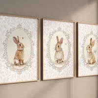Bunny nursery print set, bunny nursery art, cute bunnies, rabbit nursery, rabbit print, vintage print, girls room, beige nursery