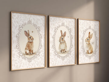 Bunny nursery print set, bunny nursery art, cute bunnies, rabbit nursery, rabbit print, vintage print, girls room, beige nursery