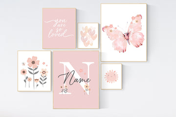 Flower nursery, wildflower nursery, butterfly nursery, Girl bedroom art, name print, girls room decor, blush nursery, baby girl wall art