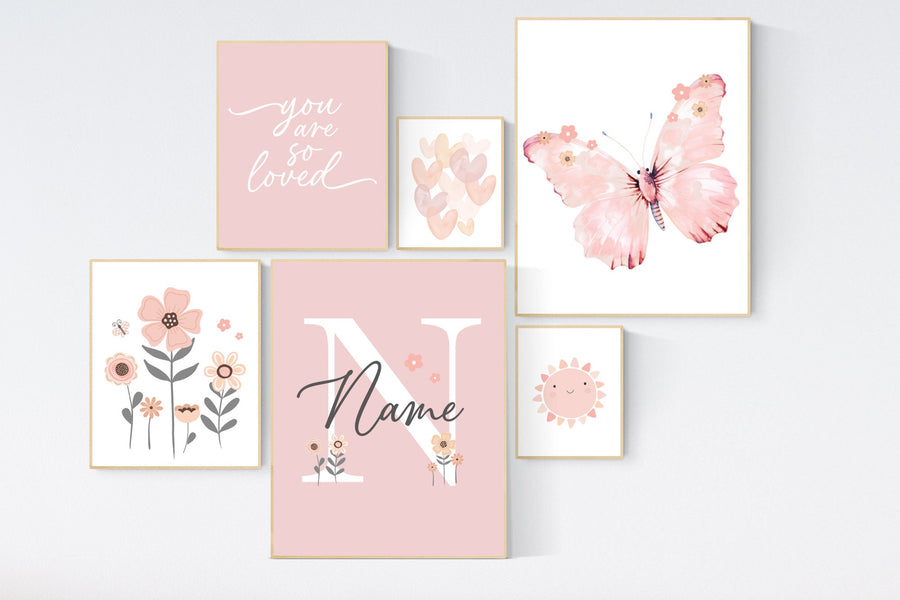 Flower nursery, wildflower nursery, butterfly nursery, Girl bedroom art, name print, girls room decor, blush nursery, baby girl wall art