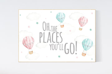 Hot air balloon nursery, pink and mint, oh the places you'll go, balloon nursery, pink mint nursery, nursery wall art, nursery prints