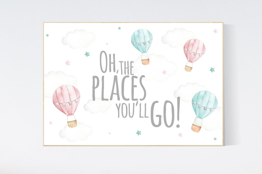 Hot air balloon nursery, pink and mint, oh the places you'll go, balloon nursery, pink mint nursery, nursery wall art, nursery prints