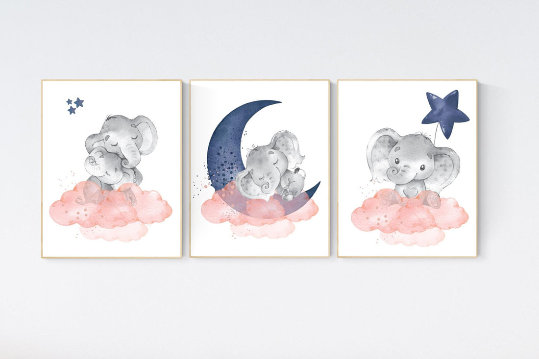 Navy coral nursery decor, navy and coral nursery art. baby room wall art, boy nursery decor, set of 3, nursery prints boy, elephant art