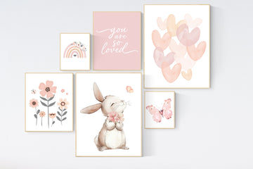 Bunny nursery, wildflower nursery, butterfly nursery, Girl bedroom art, girls room decor, blush nursery, boho nursery, you are so loved