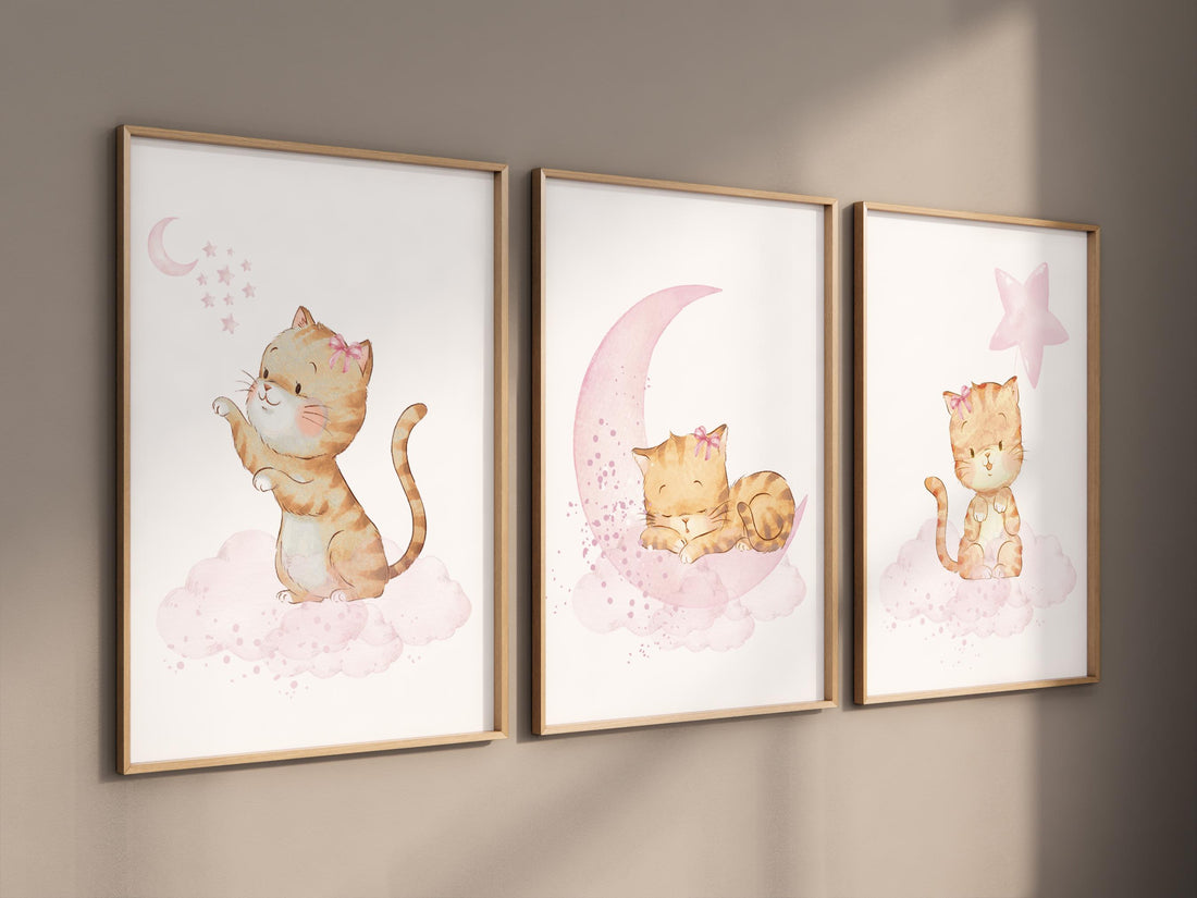 Cat nursery print, kitten nursery print, nursery decor girl, nursery art girl, cat print, kittens, pink nursery, ginger cat, cat nursery