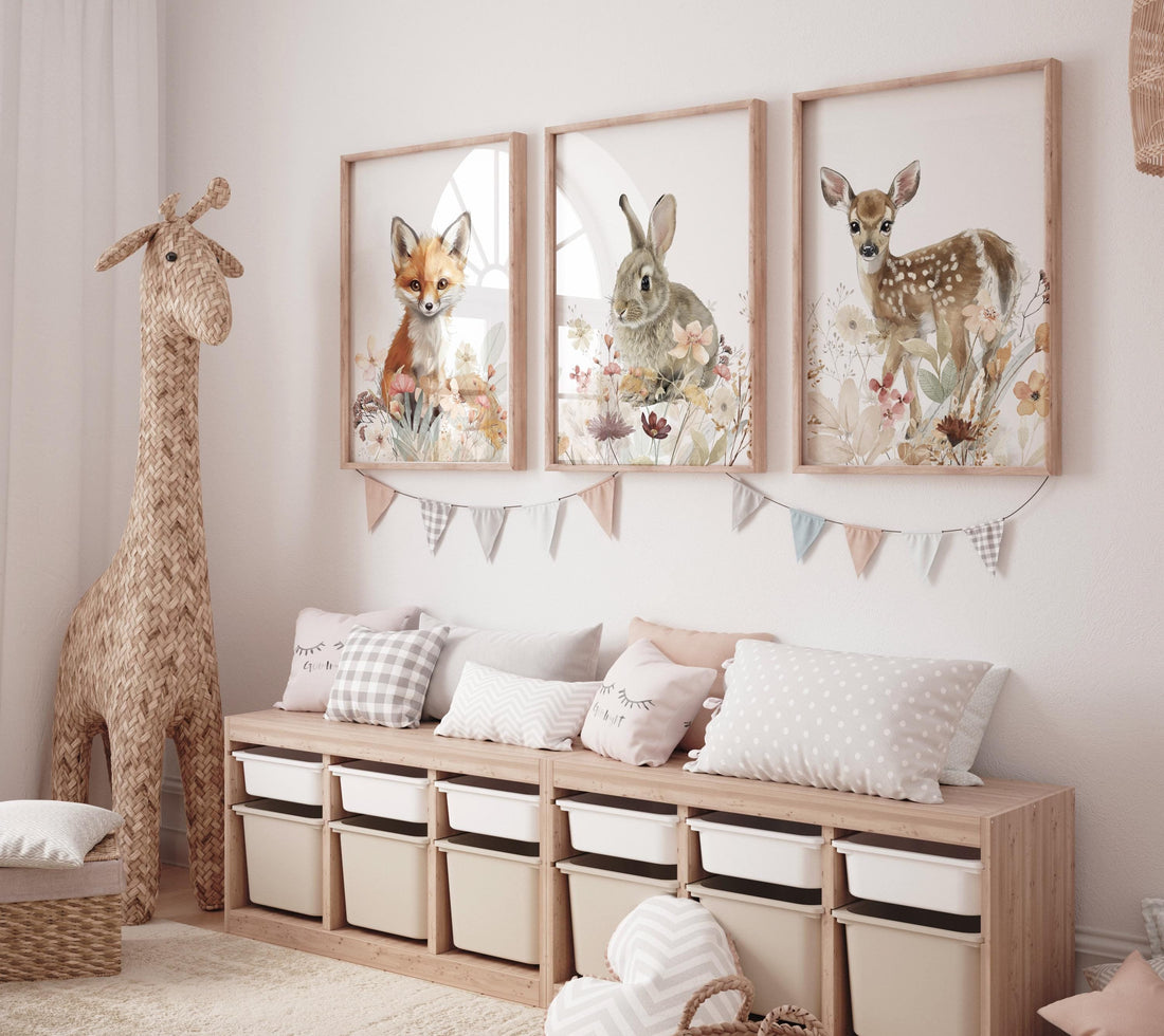 Floral Woodland Watercolor Prints, Safari Animals, wildflower