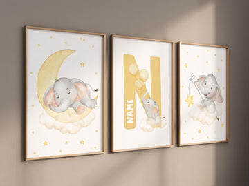 Nursery decor neutral, Yellow nursery, nursery wall art elephant, moon, stars, gender neutral, yellow and gray nursery art, baby room art