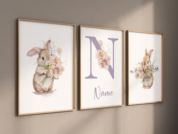 Nursery wall art girl bunny, bunny nursery print, Bunny Floral Watercolor Prints, bunny nursery decor, Wildflower Nursery, bunny nursery