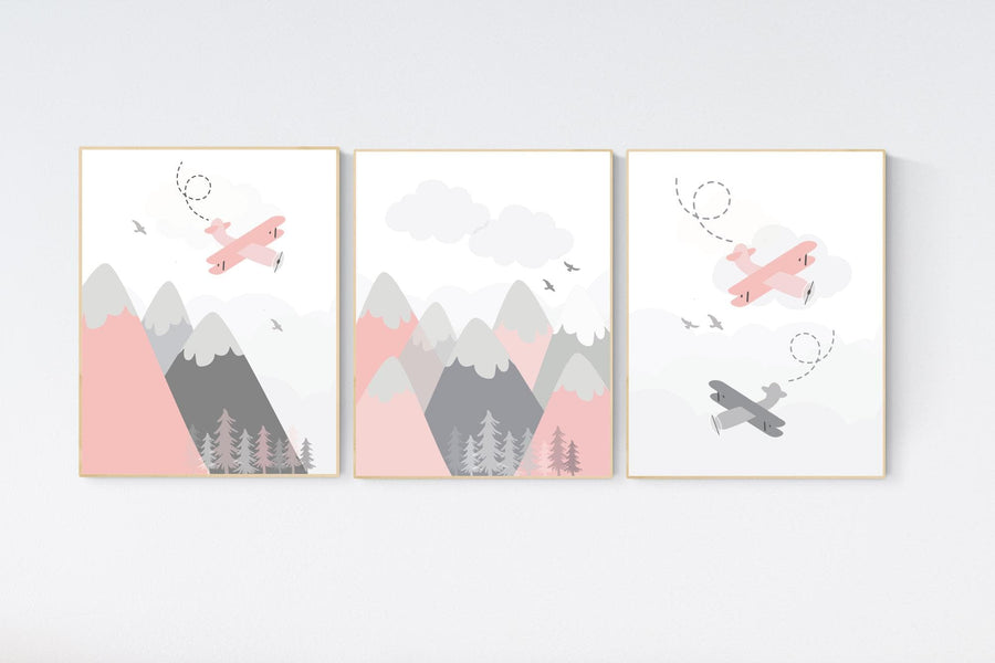 Adventure nursery wall art set, nursery decor girl, travel theme nursery, blush pink, baby nursery decor, plane nursery