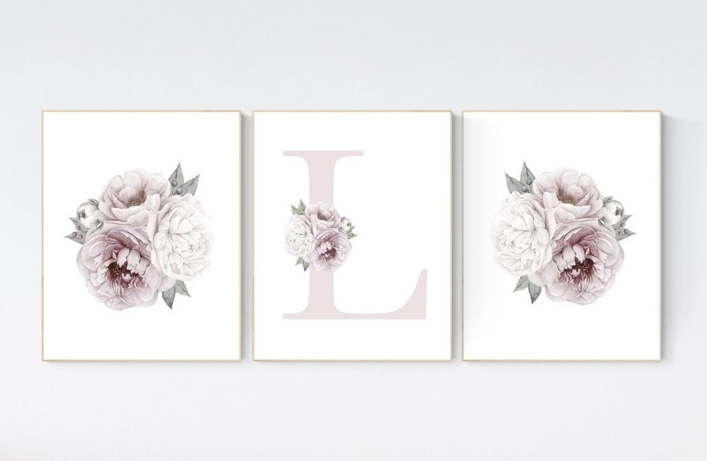 Nursery decor girl flower, floral nursery, peony nursery, Dusty Rose, peony flower, girl nursery wall decor, set of 3 prints, name print